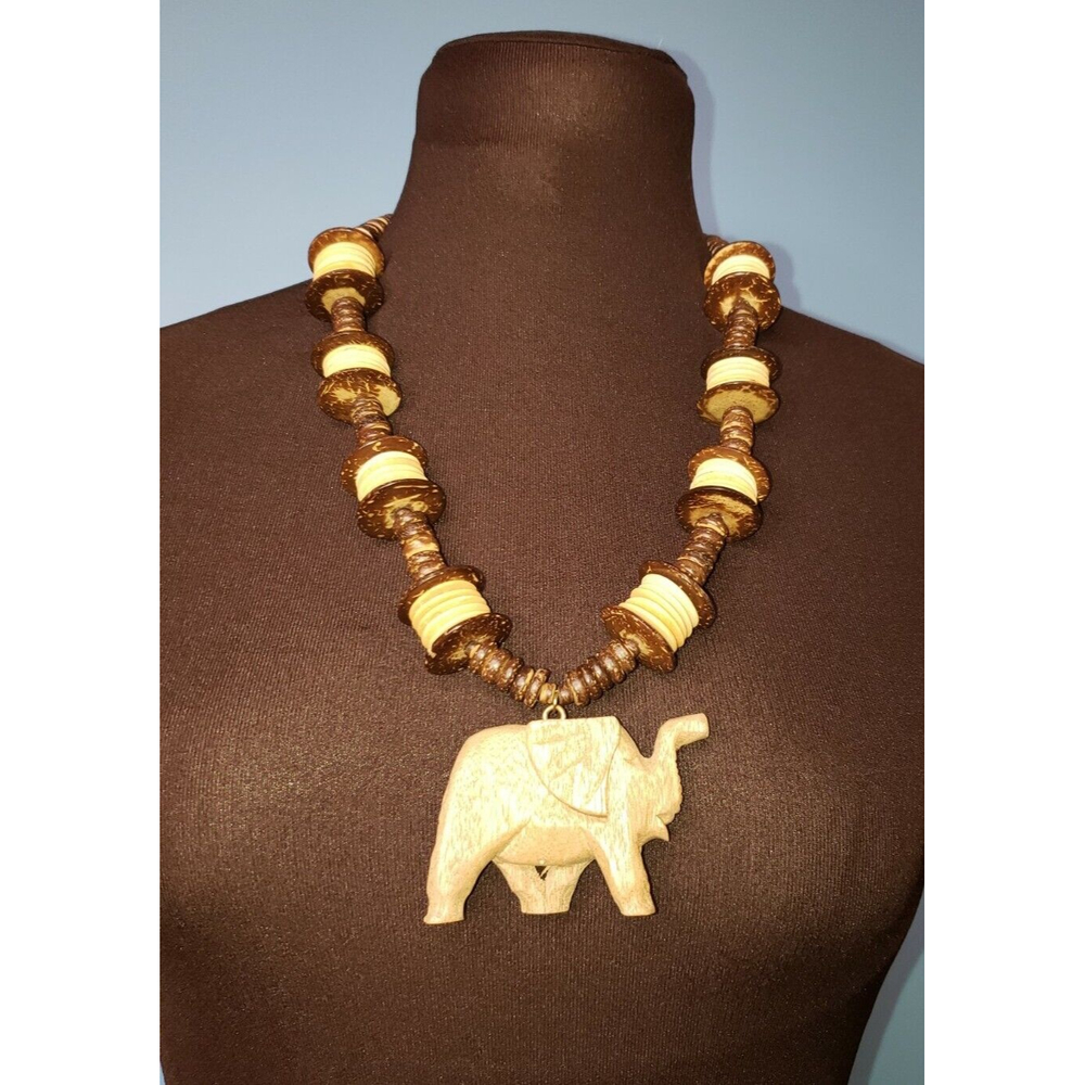 Vintage Handmade Boho‎ Tribal  Style Carved Elephant Wood Bead Necklace 26"
